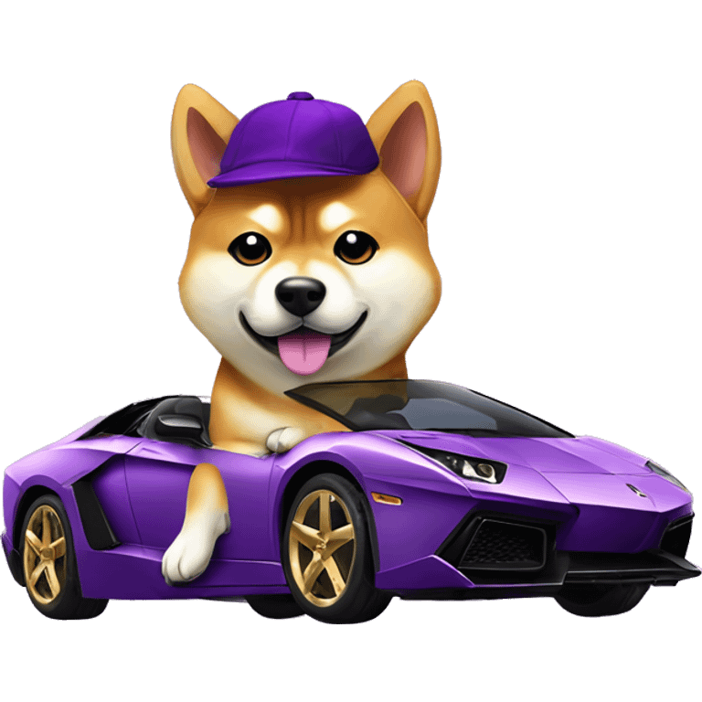 shiba inu with purple hat, with gold chain, sitting on top of a purple Lamborghini  emoji