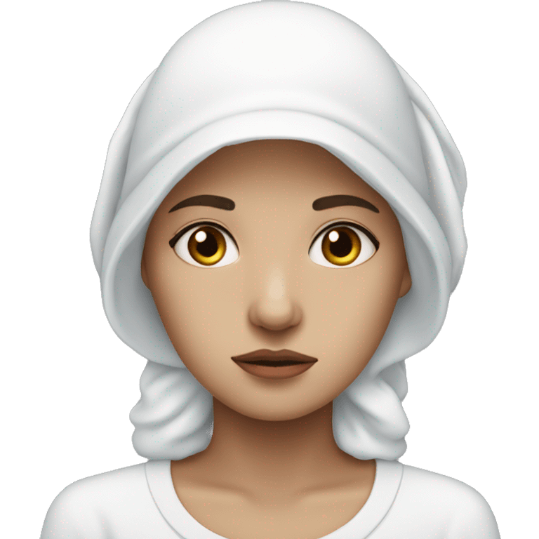 Very Sad woman with blue eyes wearing a White bonnet with wings emoji