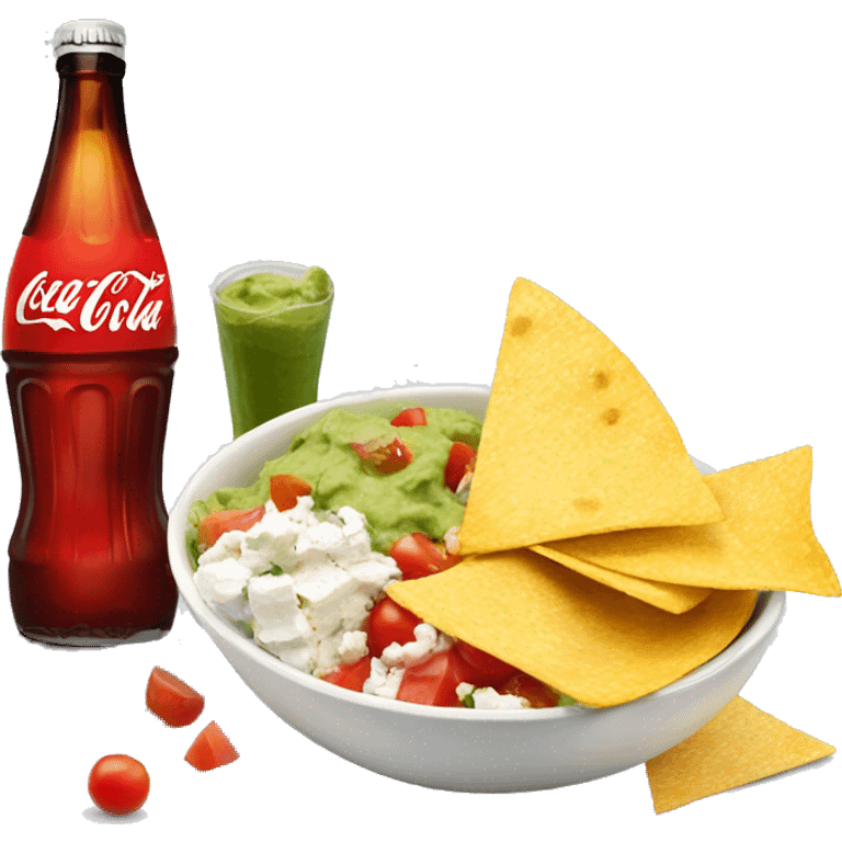 Bowl with guacamole, tomatoes, feta cheese, a side of nachos and a coca cola  emoji