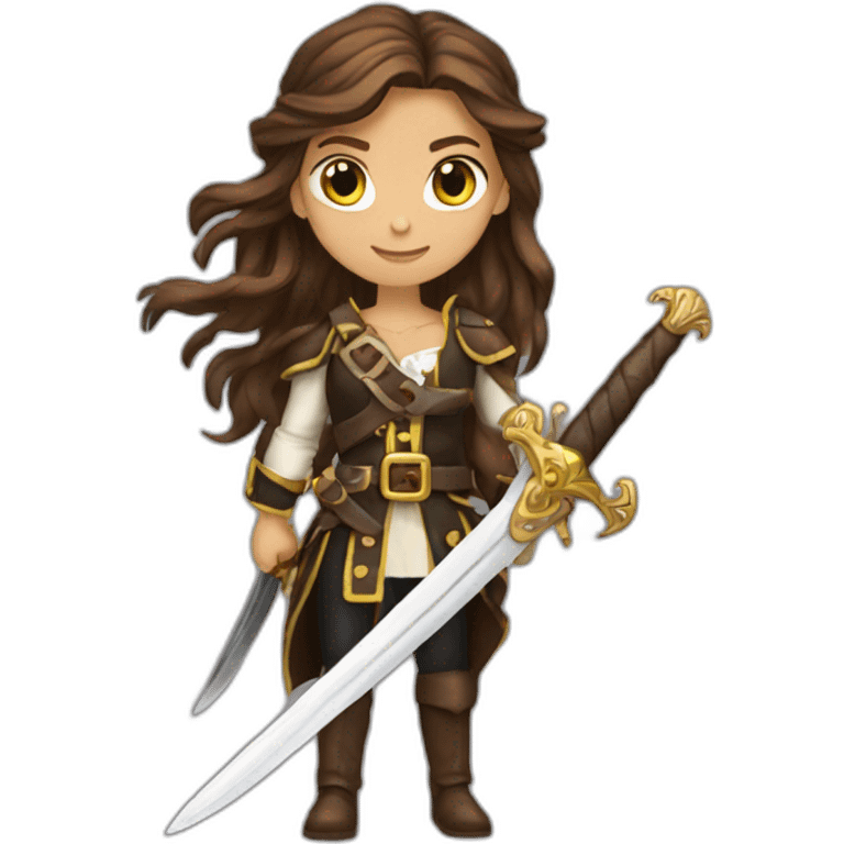 pirate king long brown hair golden eyes tan skin holding a sword woman emoji