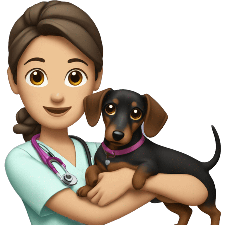 Brunette woman with a top knot wearing scrubs holding a dachshund in her arms emoji