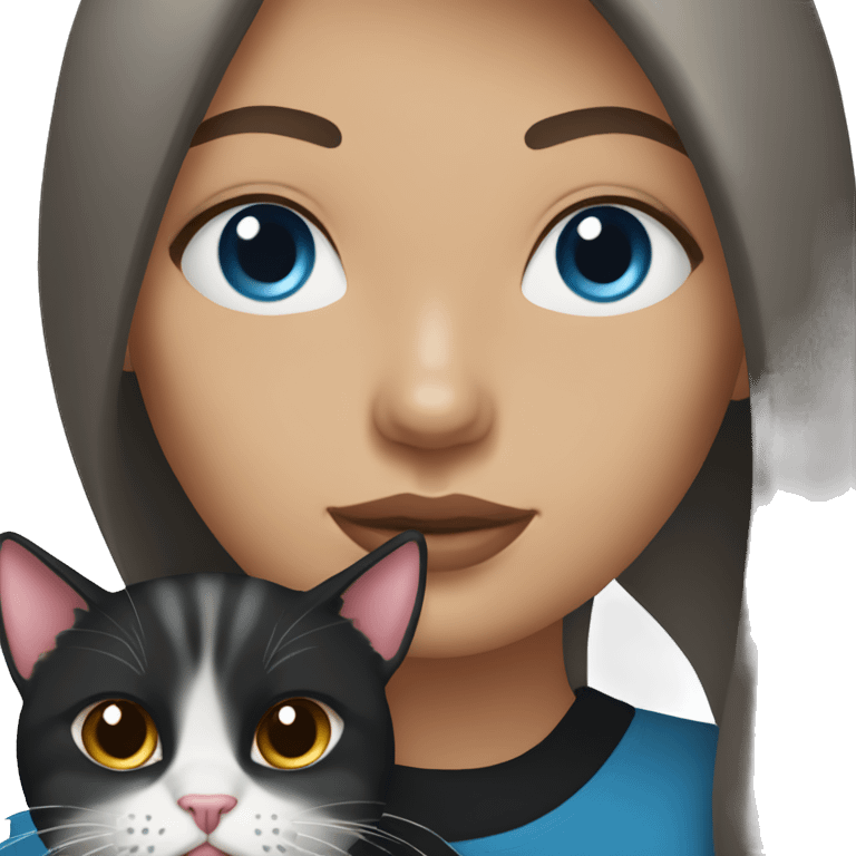 Woman with dark long hair, pink lips and blue eyes holding a tabby cat  emoji