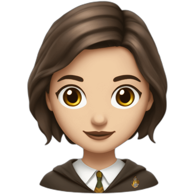 Fille brune aux yeux marron cheveux lisses blanche de peau et cheveux détaché avec une tenue de la maison serpentard dans Harry potter emoji