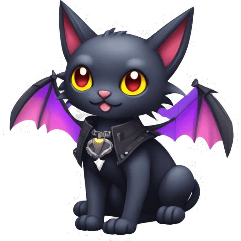  cool edgy kawaii ethereal dark-punk-themed animal vampiric cat-hybrid Fakemon with fangs and bat-wing-ears with a collar full body emoji