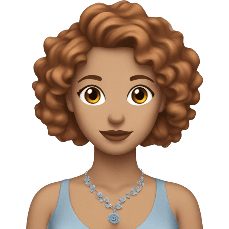 front profile emoji white girl with brown eyes brown curly hair wearing a coquette dusty blue dress, a small necklace and a pale orange rose in her hair  emoji