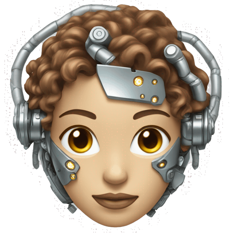 female cyborg head with metallic plated face, long brown curly hair and circuitry emoji