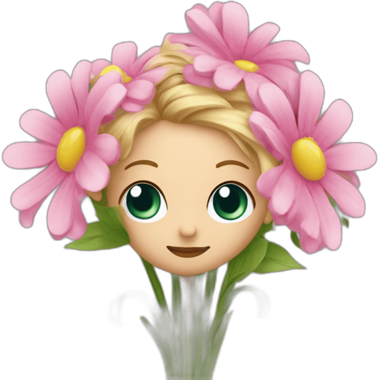 crée un emoji avec une tete de personnage avec des yeux festif et un énorme bouquet de fleur de mariage emoji