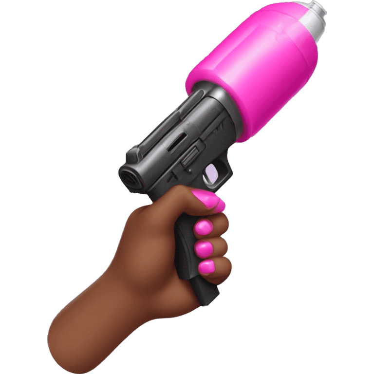 brown hand with pink nails holding large scary dark water gun emoji