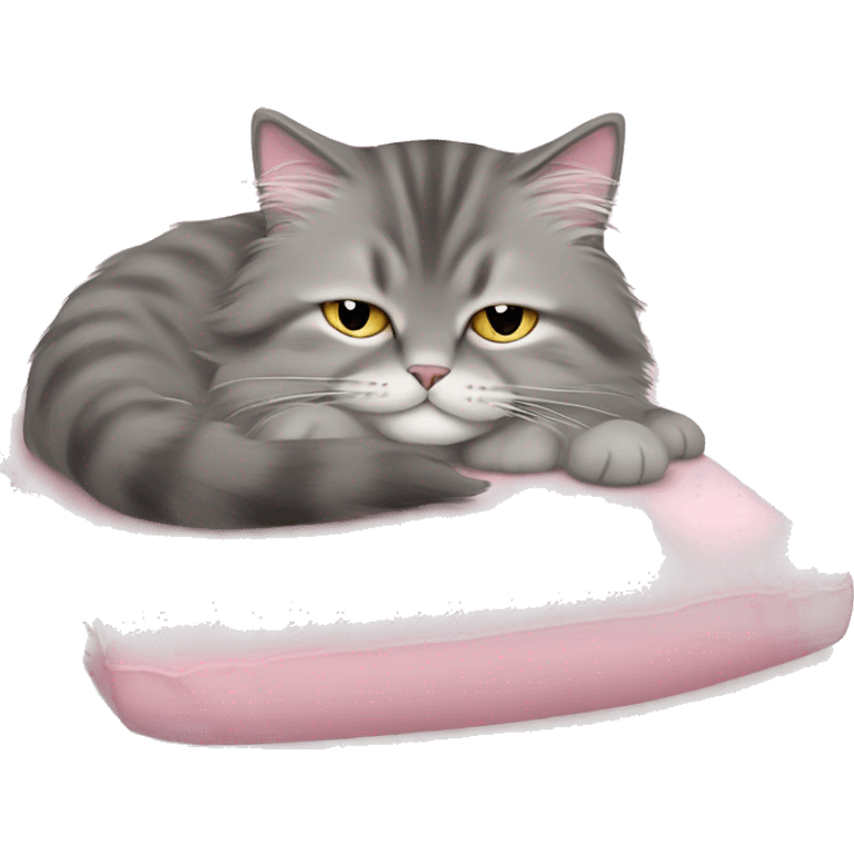 Gray siberian cat sleeping on light pink bed emoji