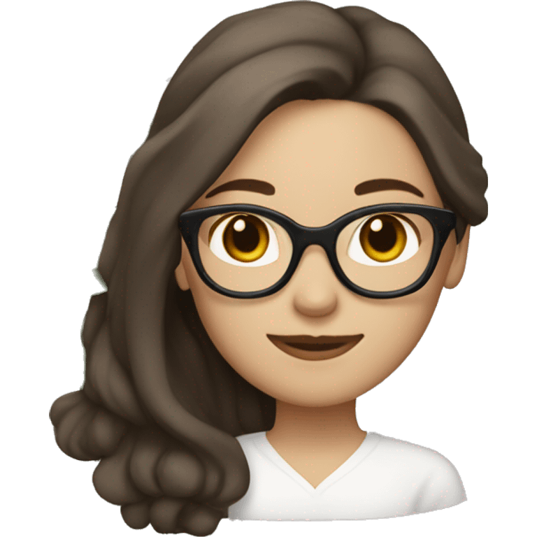 Brunette woman with white skin and glasses, 2C long hair. She has a flower in her hair  emoji