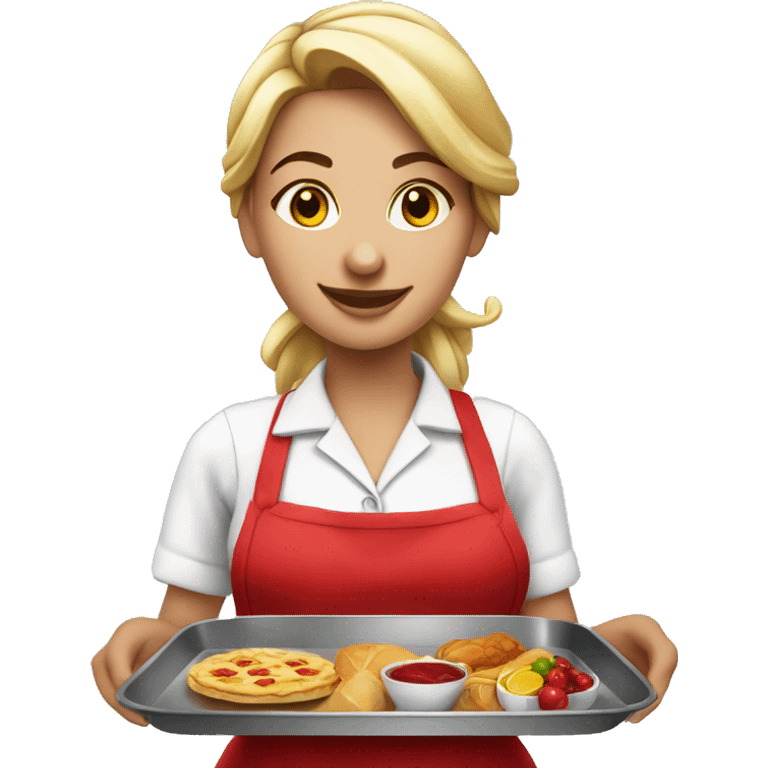 beautiful waitress in a red apron with a tray with food in a hand emoji