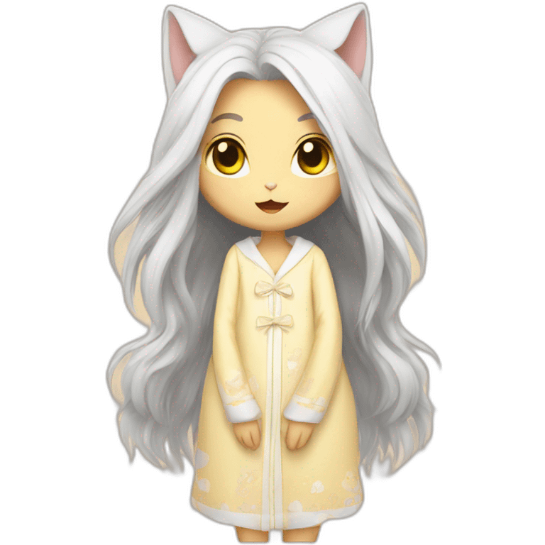 Cat-girl with long white hair yellow eyes in Choral pajamas consider emoji