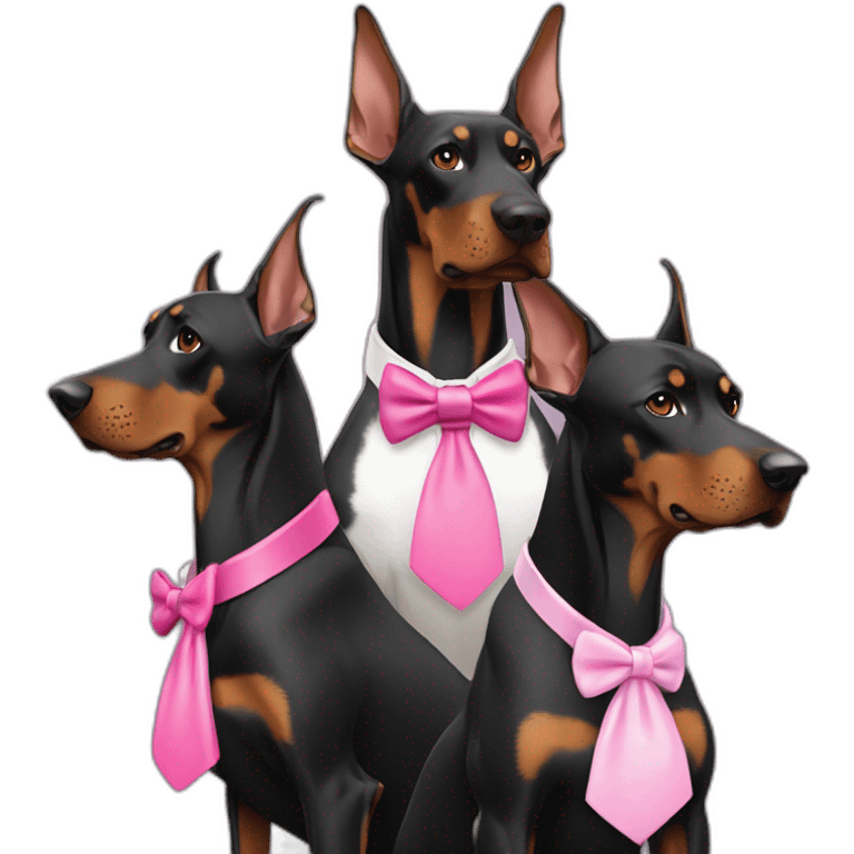 3 doberman one white with a pink bow tie on the neck, one black and one brown emoji