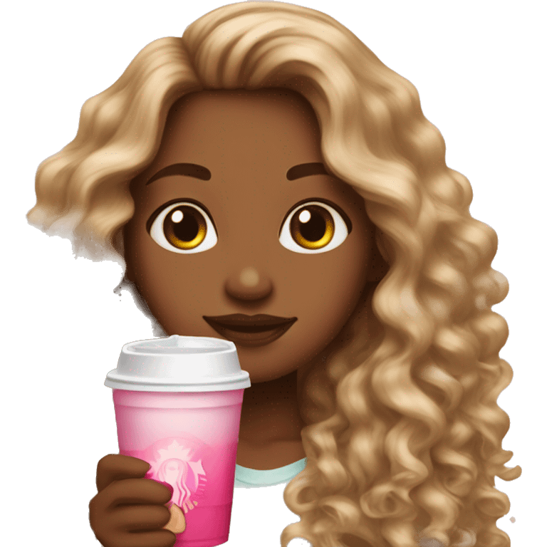 girl with brown and blonde ombré long curly hair holding Pink starbucks refresher emoji