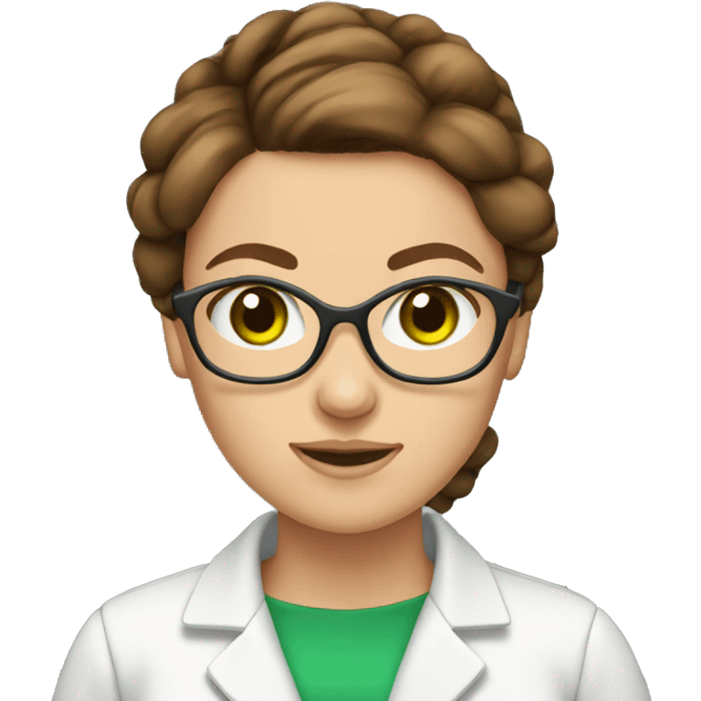 Female scientist with brown hair in a bun and green eyes NO glasses emoji