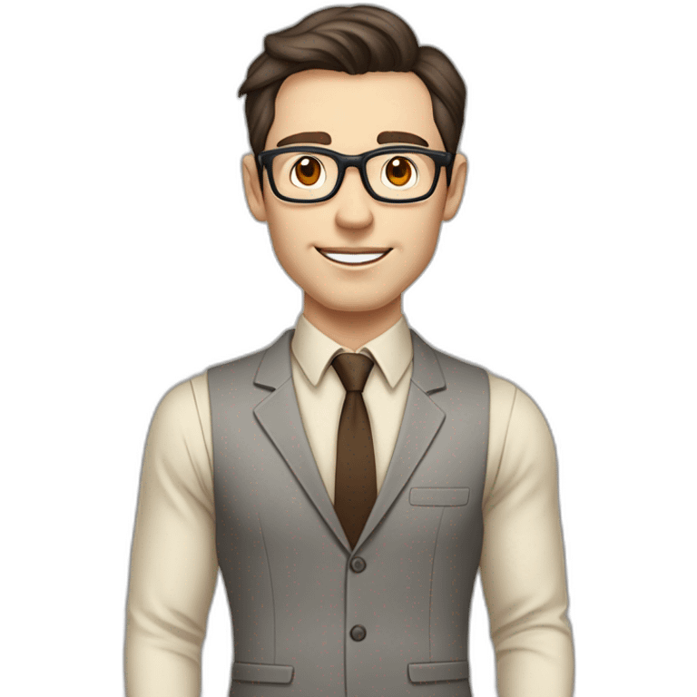 Pale skinned fit man with dark brown hair in gray jacket, beige office shirt, brown tie, brown pants and vintage glasses Writing on the marker board emoji