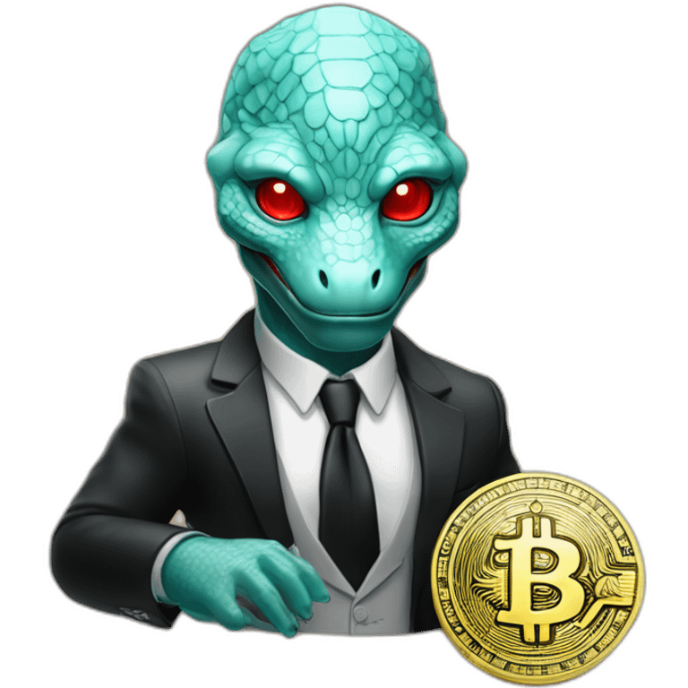 Aquamarine reptilian in classic black suite with red laser eyes on the middle of platinum coin emoji