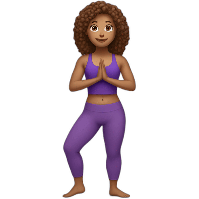 Full body a yoga instructor with long, brown, curly hair. I'm in a yoga pose and wearing purple yoga pants and a purple tank top. emoji