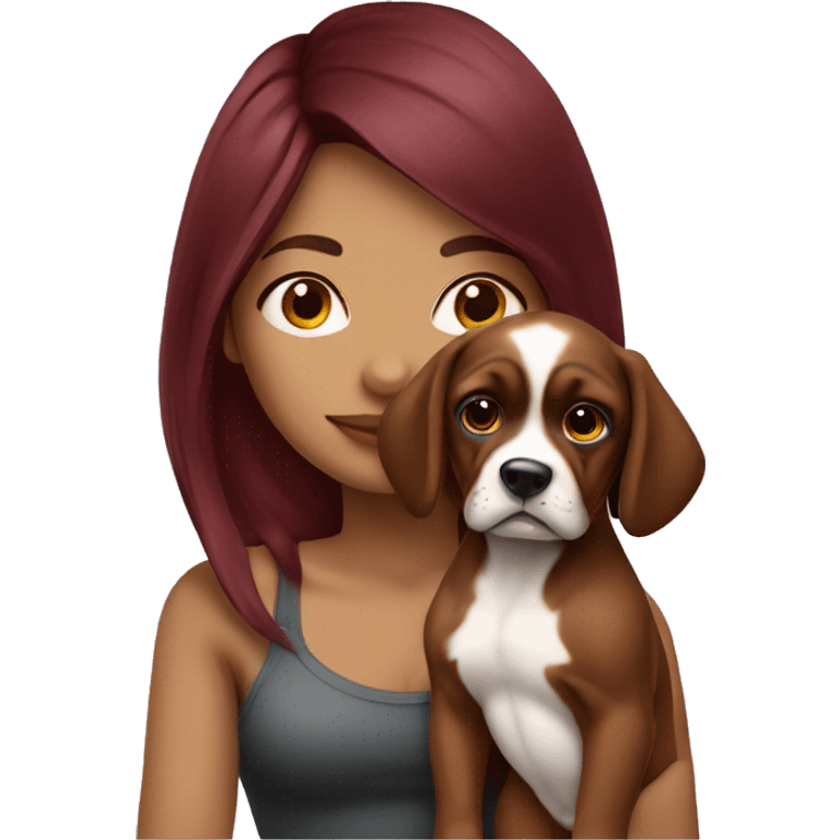 Beautiful tattooed  burgundy long haired woman holding a boxer puppy emoji