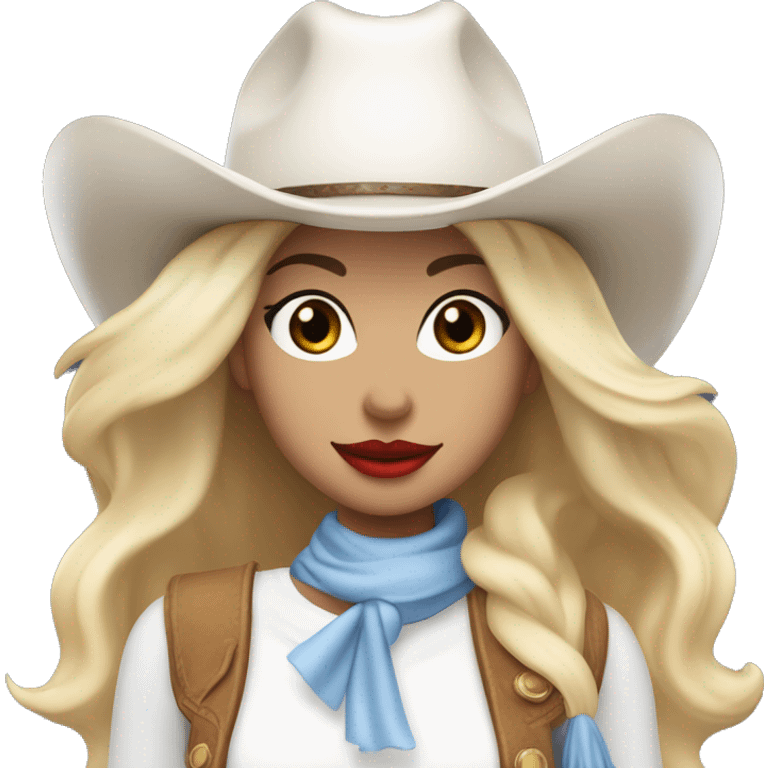 cowgirl with a white cowgirl hat and white scarf and blonde blowout with red lipstick and blue eyes and a dimple and a white top emoji