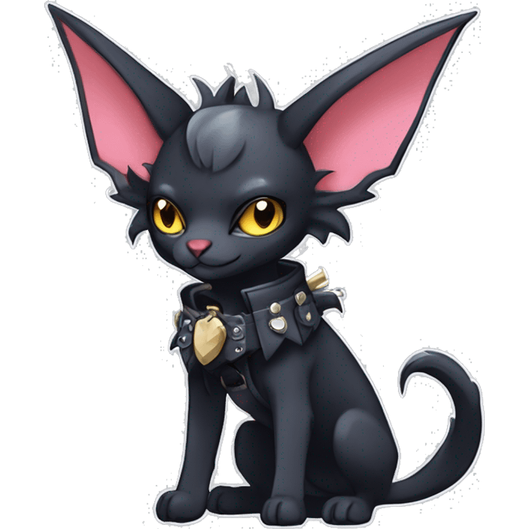 cool punk kawaii edgy distinguished elegant beautiful fantasy black ethereal nargacuga-bat-zorua-sphynx-Quiana-Fakemon collar harness with big fangs full body emoji