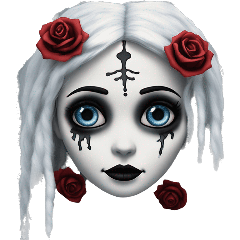 full height skeleton, tim burton "corpse bride", thin porcelain doll with a cracked face, goth makeup watery eyes, long hair, lace and ruffles, lolita style, inked, black and white, red roses, gothic castle with roses emoji