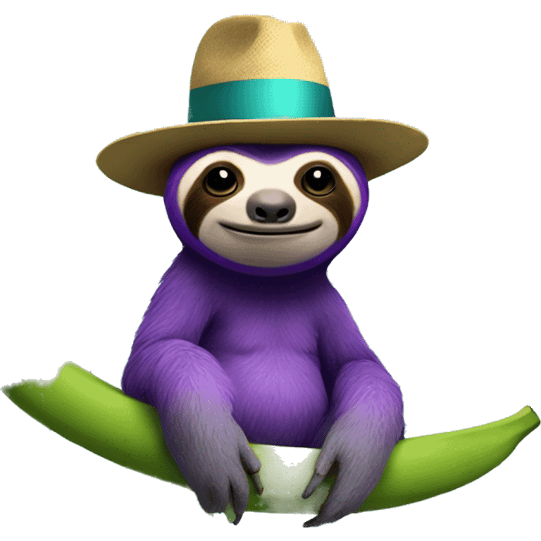 Purple sloth sitting on a banana tree wearing a bowler hat that is turquoise with an evil face  emoji