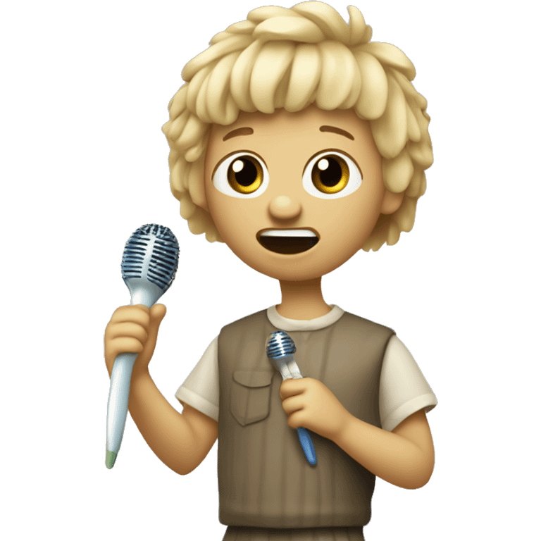 Blonde neathanderal with bowlcut holding a toothbrush like a microphone, singing, wearing normal clothes emoji