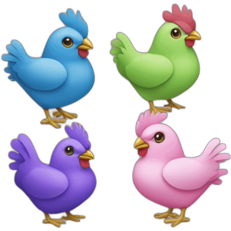 Four chickens in differents colors : blue, purple, pink and green emoji