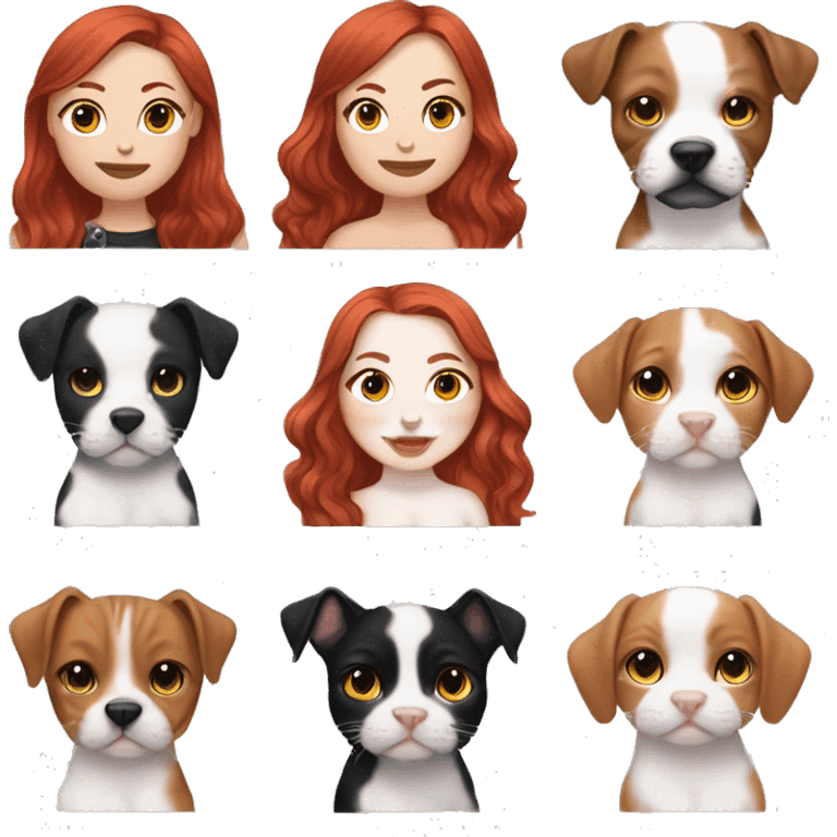 Long Red haired woman with septum piercing holding black and white English Staffordshire puppy and tabby kitten emoji