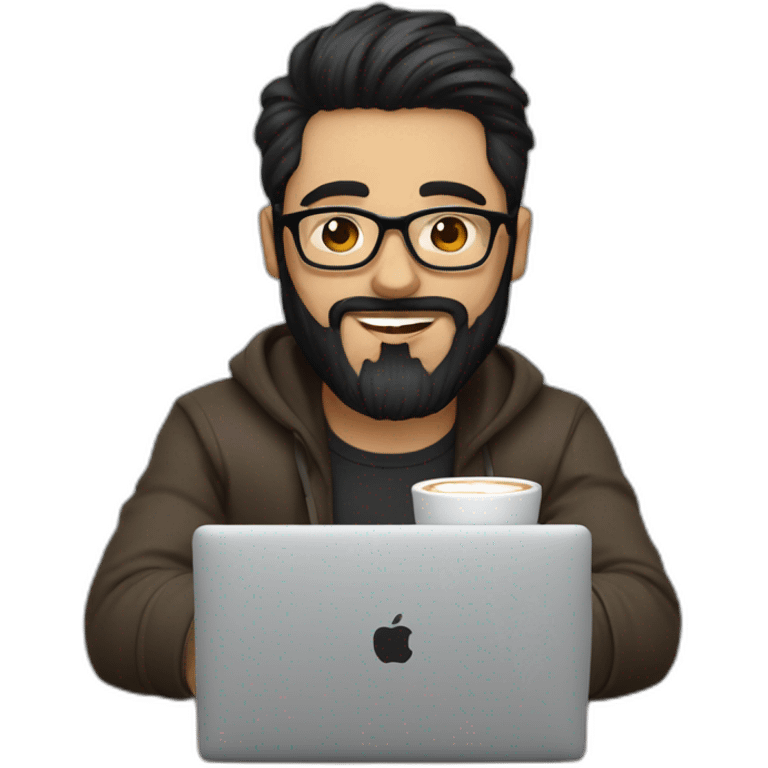 Designer with black hair, beard and glasses working with MacBook and drinking cappuccino  emoji