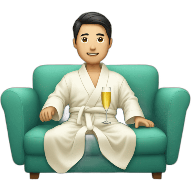 A Korean man in a bathrobe on the sofa with a glass of champagne emoji