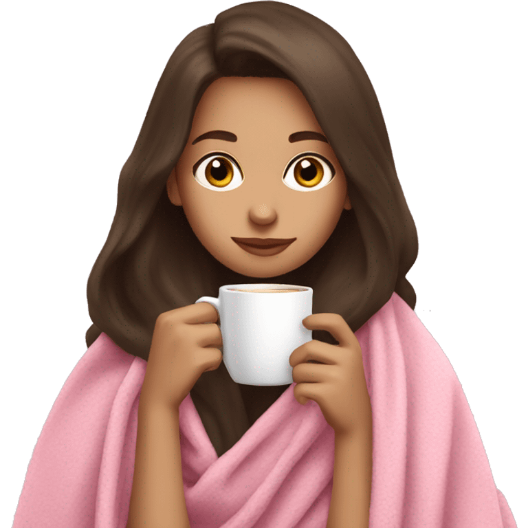 brunette girl in a pink blanket sipping coffee emoji