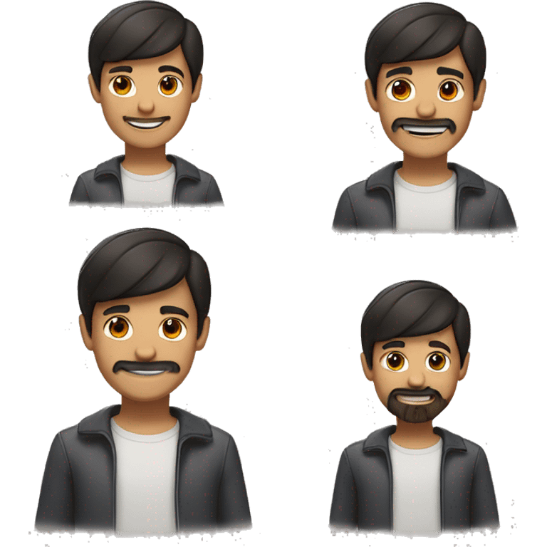 Boy with trimmed moustache and beard on his face, cap, white skin tone, black hair tone with front raise and side trimmed, short, straight hair, brown eyes, nice smile emoji