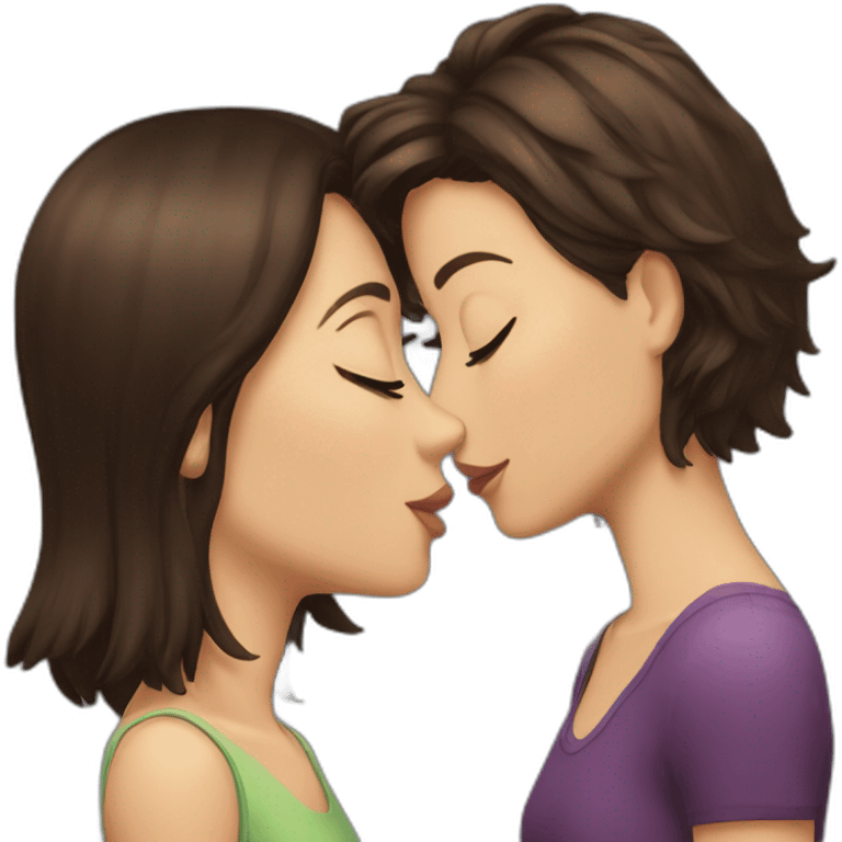 Short haired brunette girl kissing long haired brunette girl emoji