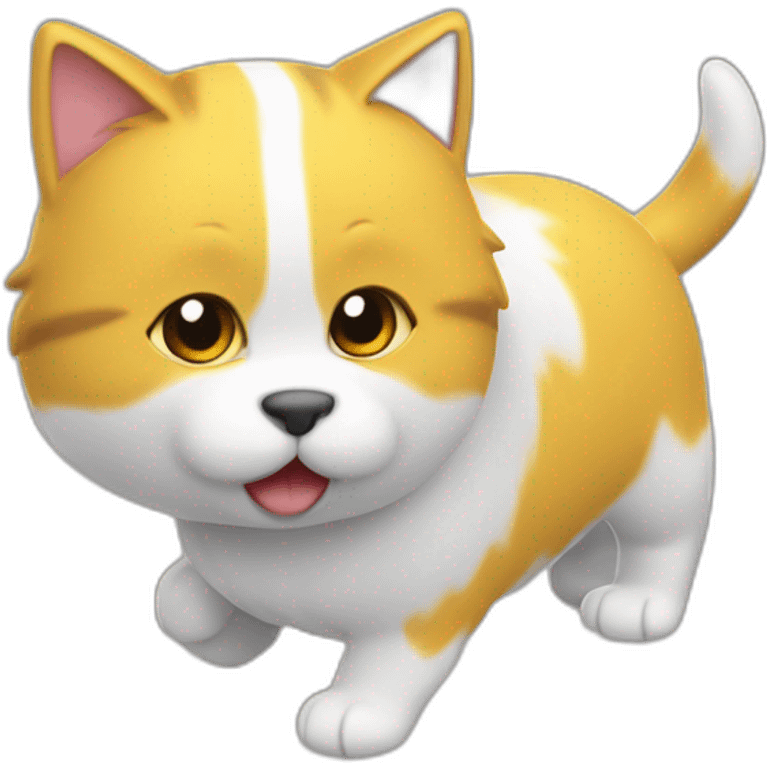 Gato amarillo abrazando a perro blanco peludo en 3d emoji