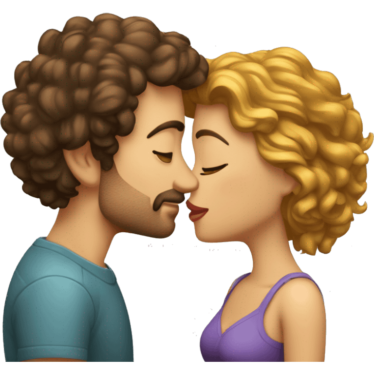 beso pareja mujer morena pelo rizado y hombre rubio emoji