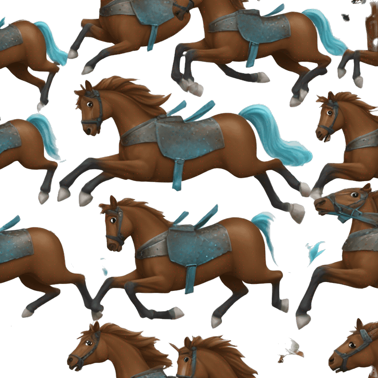 Chestnut brindle brindled horse running galloping wearing blue and cyan armour  emoji