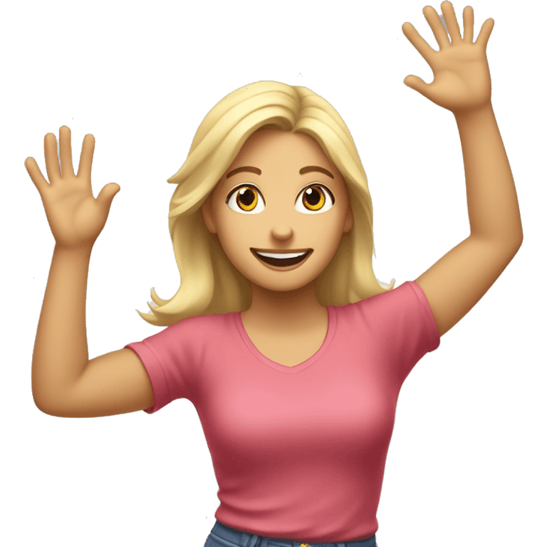 Blonde girl with hands high up in the air, open palms hand, happy, excited. Above waist only. emoji