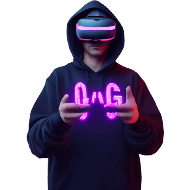 Russian man wearing a black hoodie with "OMG" letters on it and VR headset oculus quest 2 in a cyberpunk VR environment with violet neon lighting. Showing direction with hand emoji