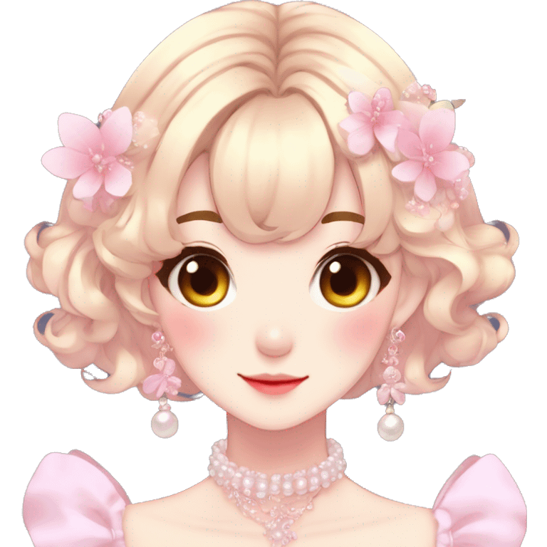 Gorgeous anime style lady with blushing face and accessories cottagecore fairycore Kawaii anime colorful pearly romantic aesthetic trending style emoji