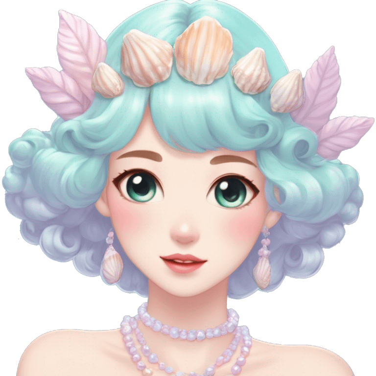 Gorgeous pastel anime style lady with blushing face and seashells tiara pearls dress necklace cottagecore fairycore pastelcore colorful pearly romantic simplistic aesthetic trending style emoji