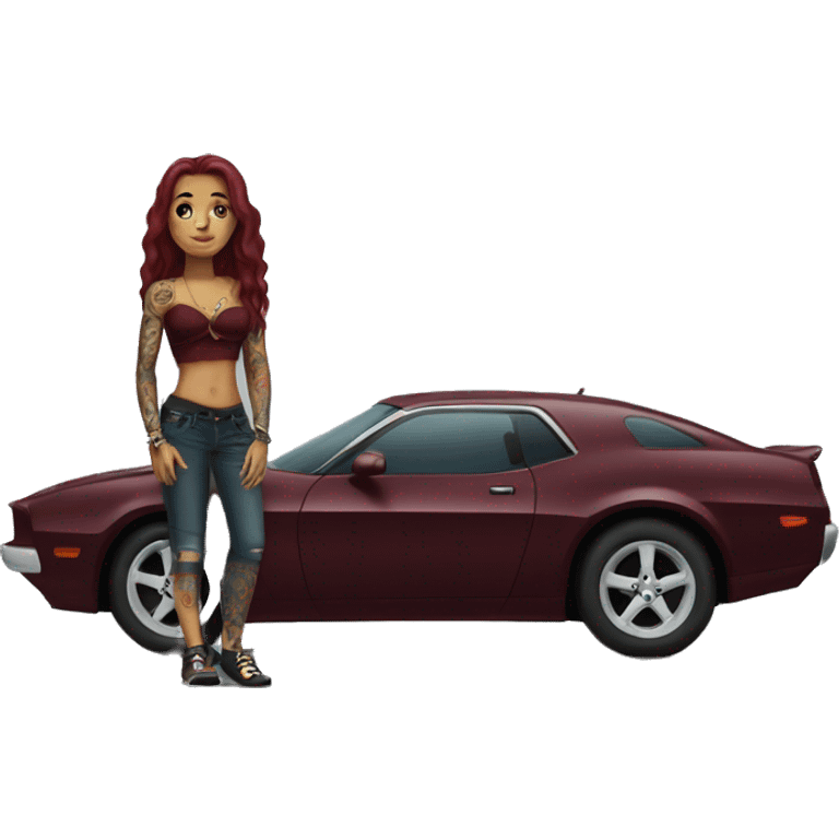 Beautiful tattooed burgundy long haired woman standing next to a car emoji