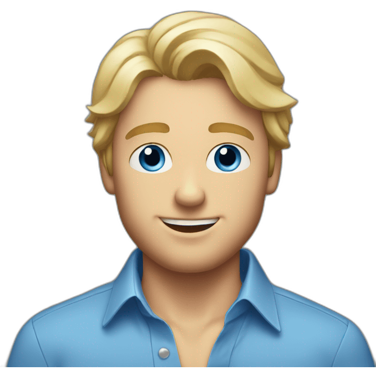 Blonde guy holding wine, blue button down shirt, blue eyes emoji