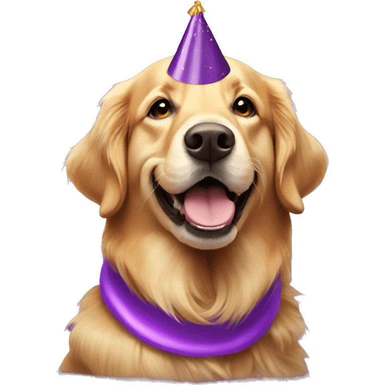 golden retriever wearing purple party hat emoji