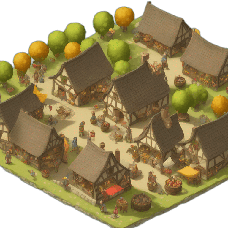 isometric view of a medieval village ongoing a town fair, festive mood emoji