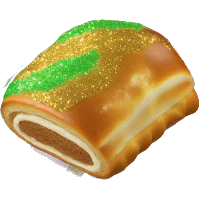 Realistic isolated cinamon roll Mardi Gras King Cake with glitter icing. emoji