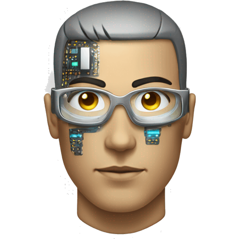 Male cyborg head with metallic skin, flat top, rectangular glasses and circuits emoji