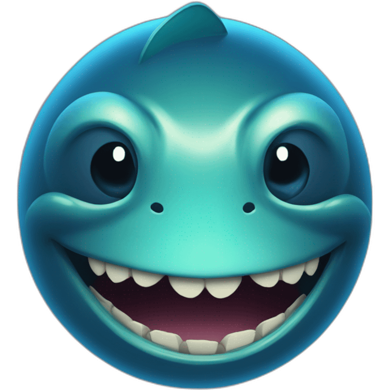 dark blue magic fat thing with a cyen face and a cyan fish fin and a big open mouth emoji