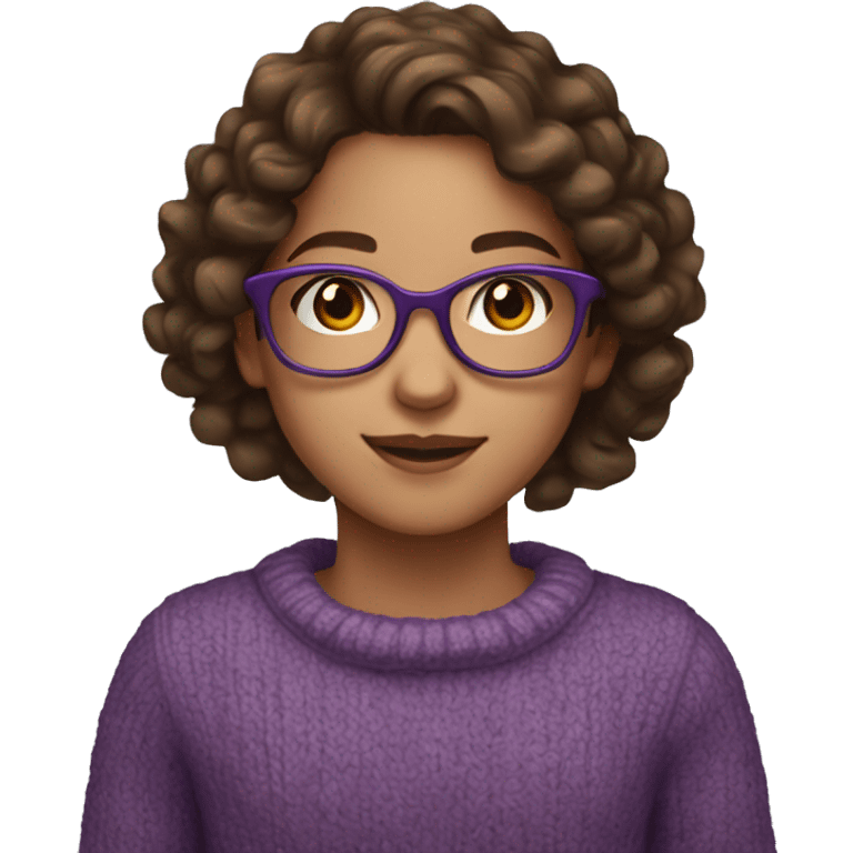 young girl, young hispanic, brown hair, long curly brown hair, brown eyes, purple winter sweater, glasses emoji